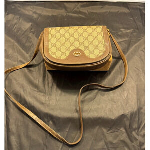 Vintage Gucci 1980s GG Supreme Canvas Brown Leather Crossbody Saddle Bag Italy